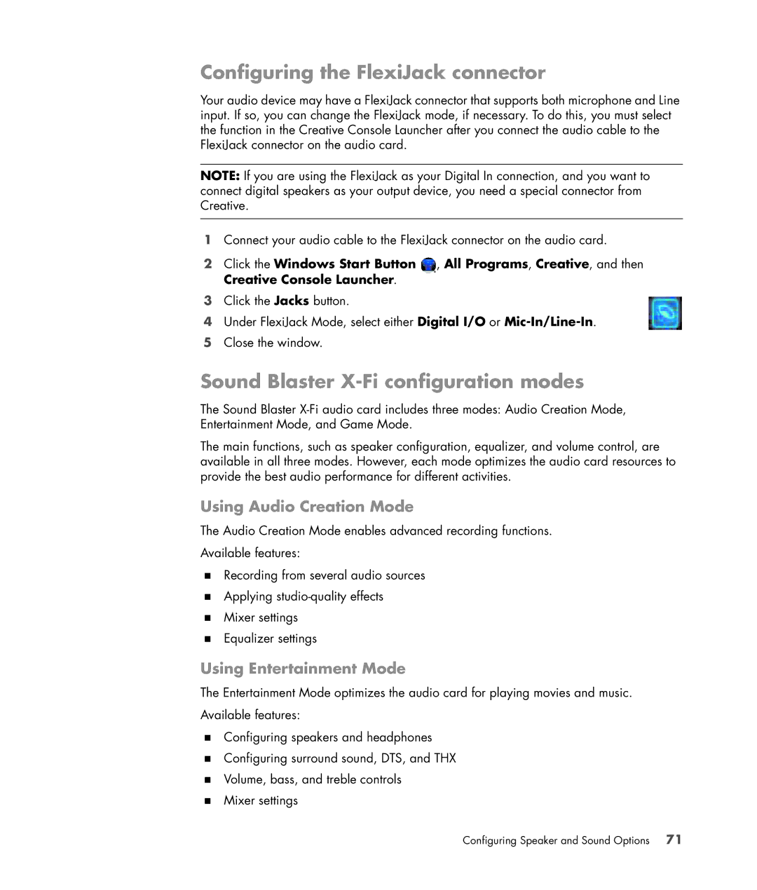 HP SR5501P, SR5611F Configuring the FlexiJack connector, Sound Blaster X-Fi configuration modes, Using Audio Creation Mode 