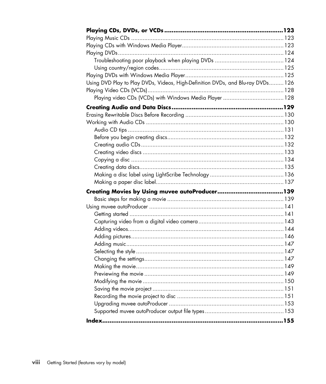 HP SR5606F, SR5556AP, SR5501P, SR5502FH, SR5611F Playing CDs, DVDs, or VCDs 123, Creating Audio and Data Discs 129, Index 155 