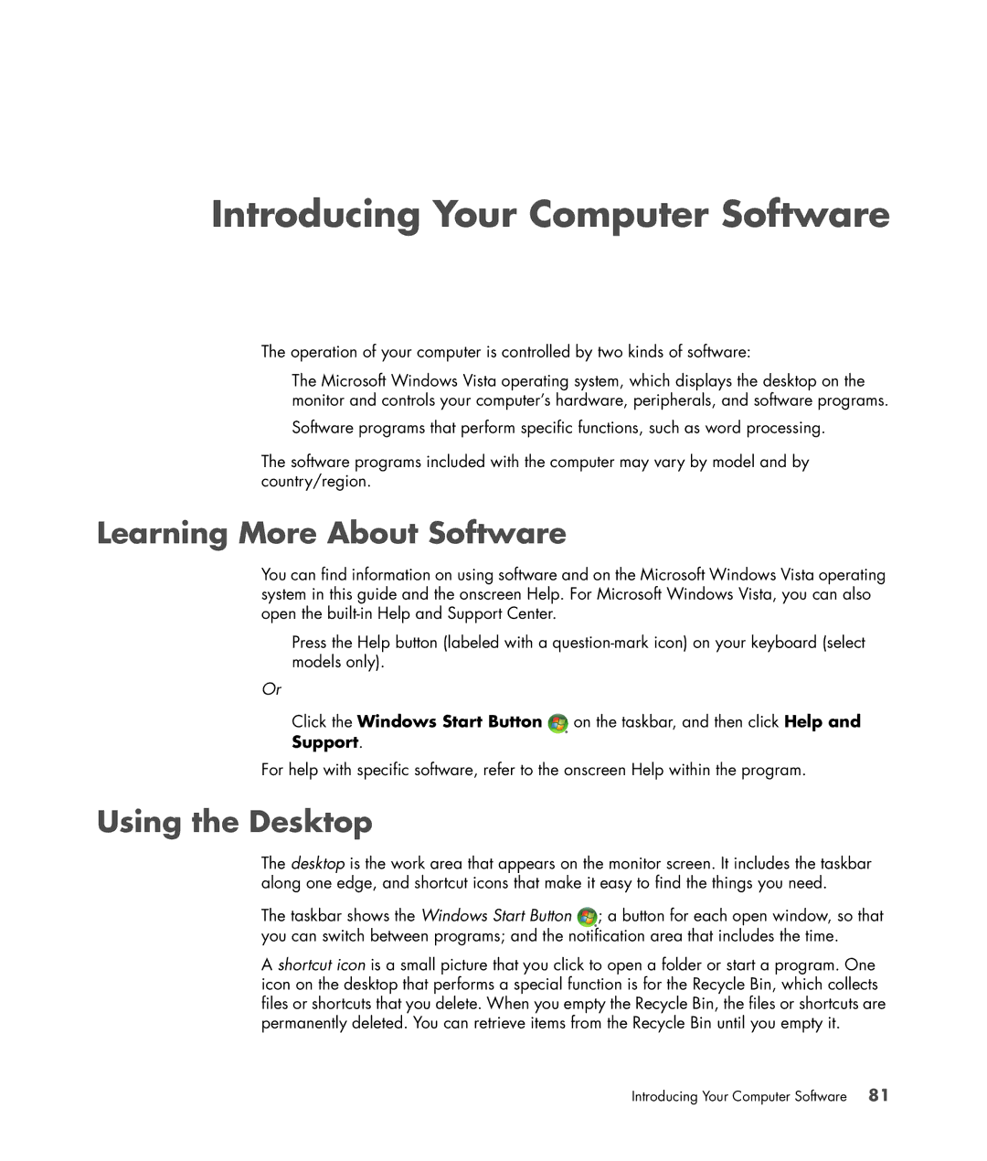 HP SR5705F, SR5556AP, SR5501P, SR5502FH Introducing Your Computer Software, Learning More About Software, Using the Desktop 