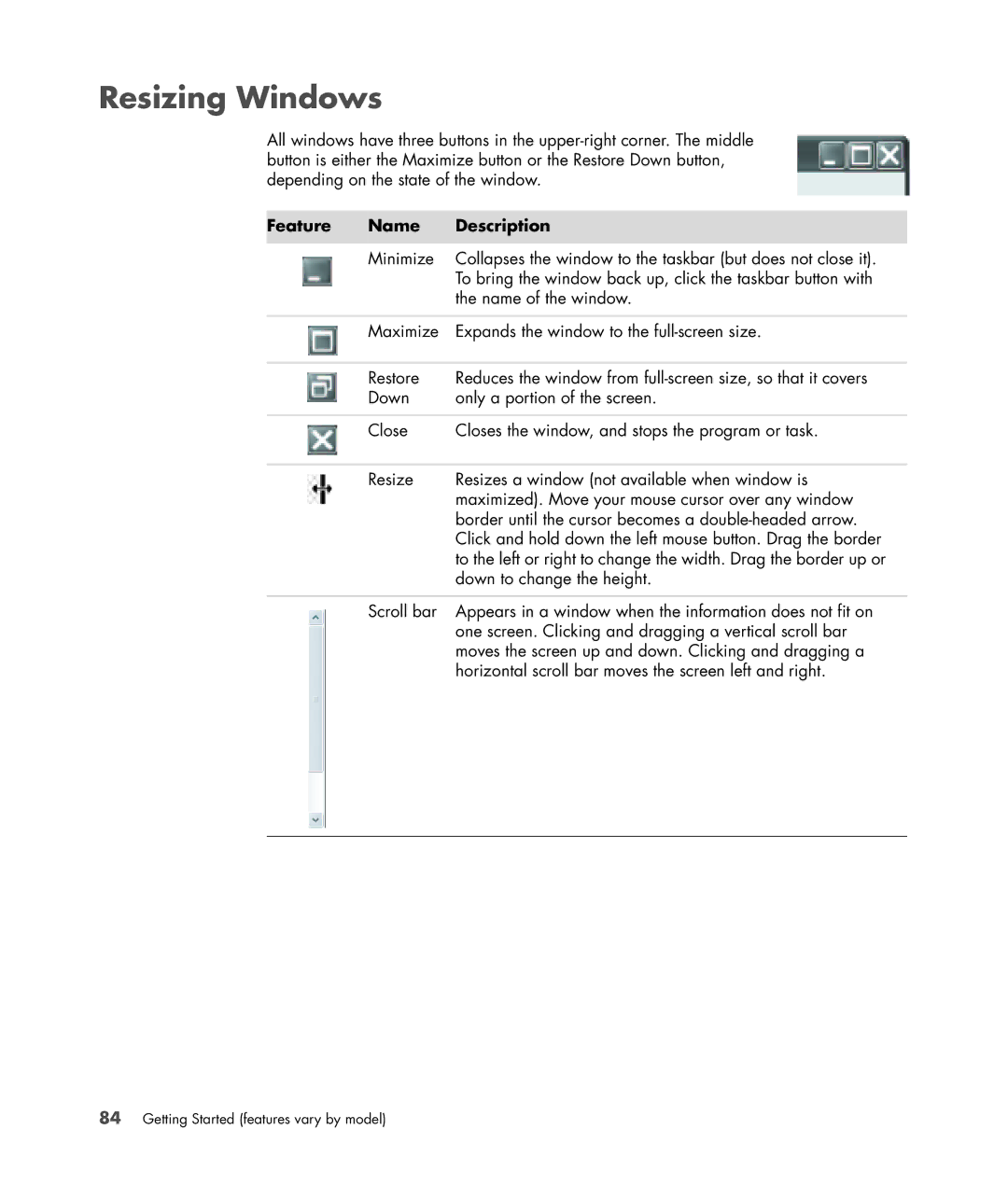 HP SR5501P, SR5556AP, SR5502FH, SR5703WM, SR5611F, SR5602FH, SR5604F, SR5601P, SR5606F Resizing Windows, Feature Name Description 