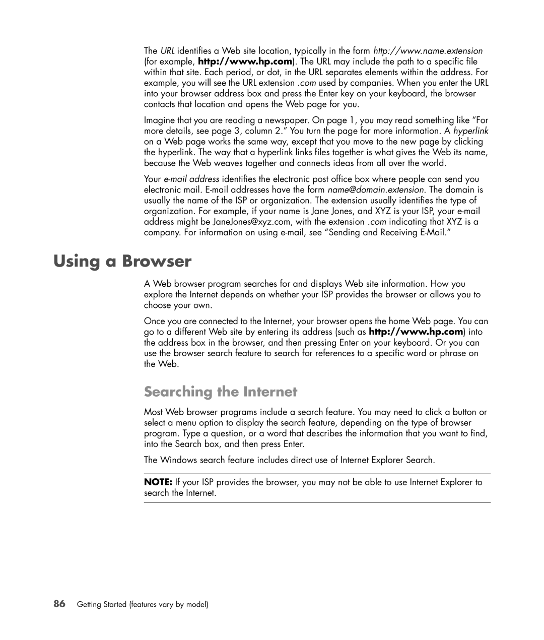 HP SR5703WM, SR5556AP, SR5501P, SR5502FH, SR5611F, SR5602FH, SR5604F, SR5601P, SR5606F Using a Browser, Searching the Internet 