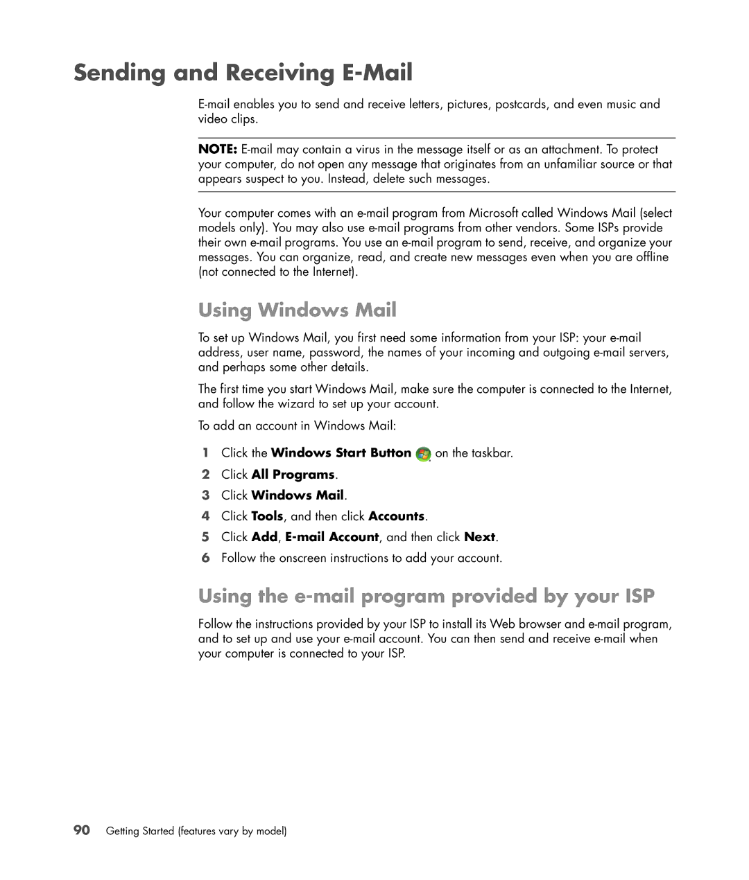 HP SR5601P, SR5556AP manual Sending and Receiving E-Mail, Using Windows Mail, Using the e-mail program provided by your ISP 