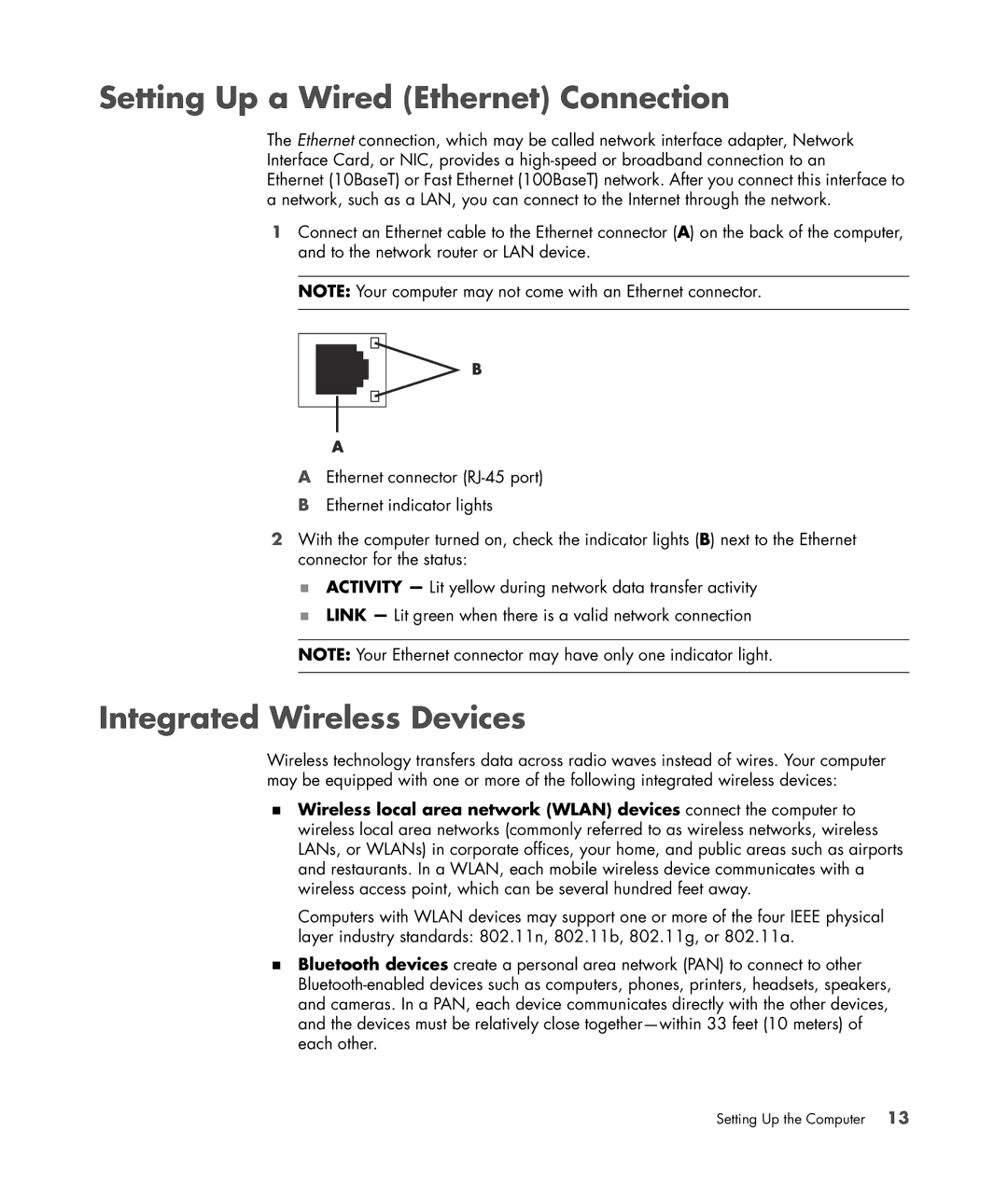 HP SR5470AN, SR5558D, SR5450F, SR5448F, SR5421F, SR5559D Setting Up a Wired Ethernet Connection, Integrated Wireless Devices 