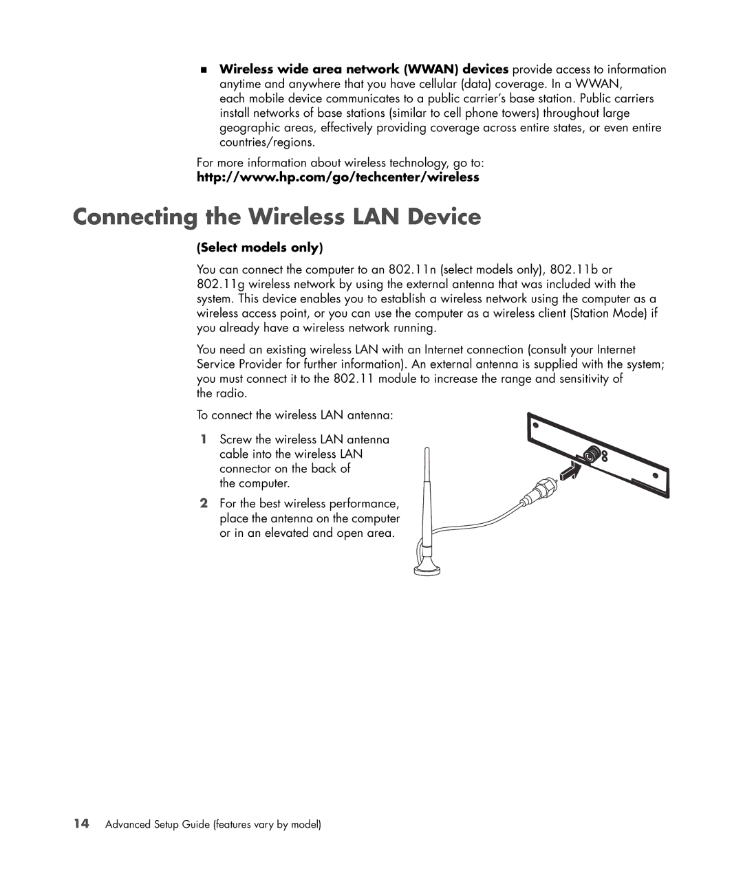 HP SR5450F, SR5558D, SR5470AN, SR5448F, SR5421F, SR5559D, SR5415CF manual Connecting the Wireless LAN Device, Select models only 