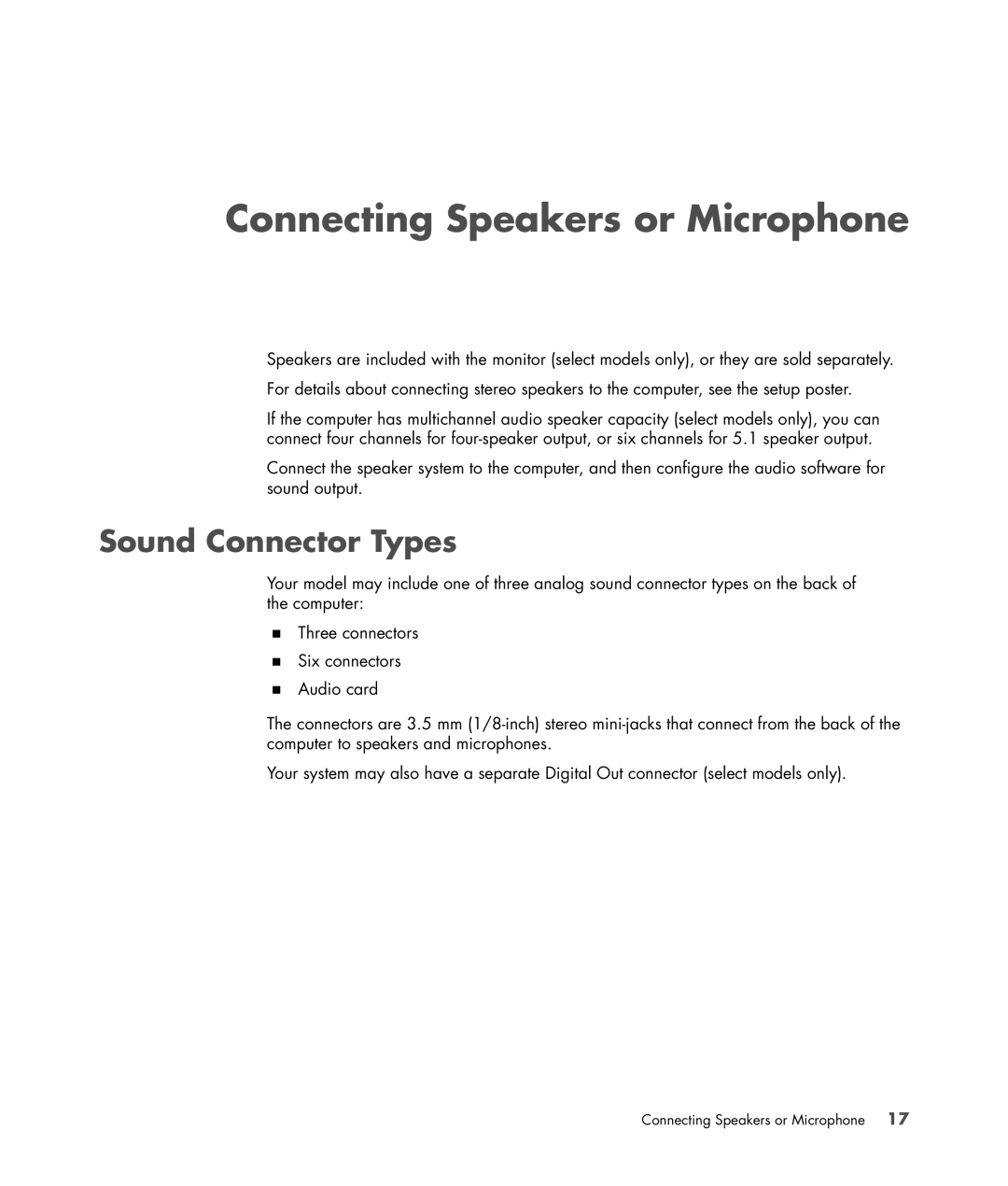 HP SR5559D, SR5558D, SR5470AN, SR5450F, SR5448F, SR5421F, SR5415CF Connecting Speakers or Microphone, Sound Connector Types 