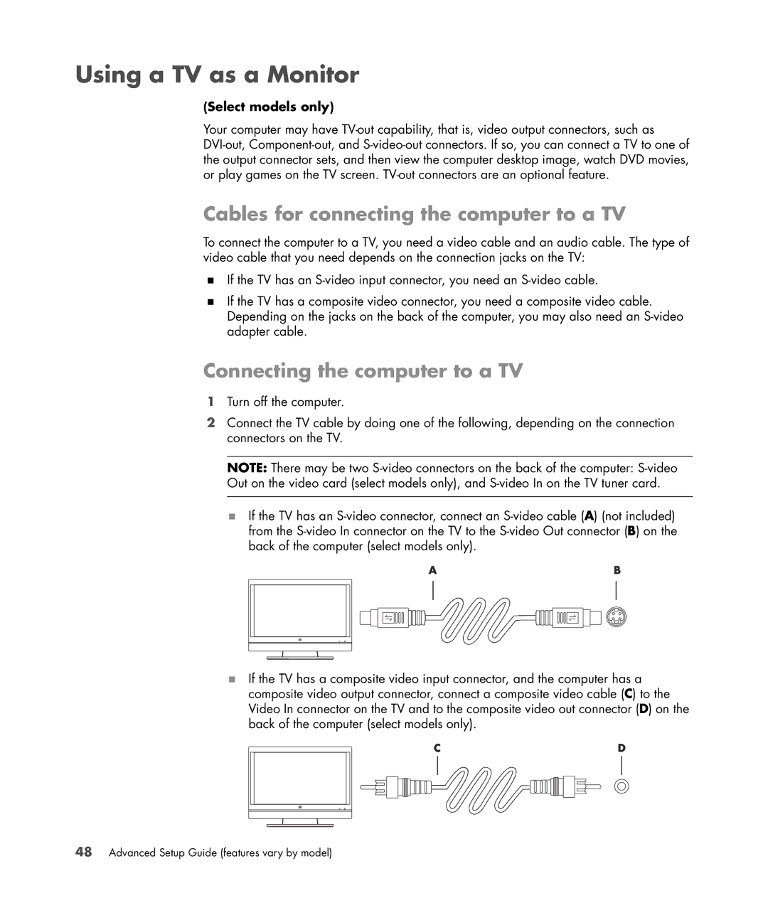 HP SR5558D, SR5470AN Using a TV as a Monitor, Cables for connecting the computer to a TV, Connecting the computer to a TV 