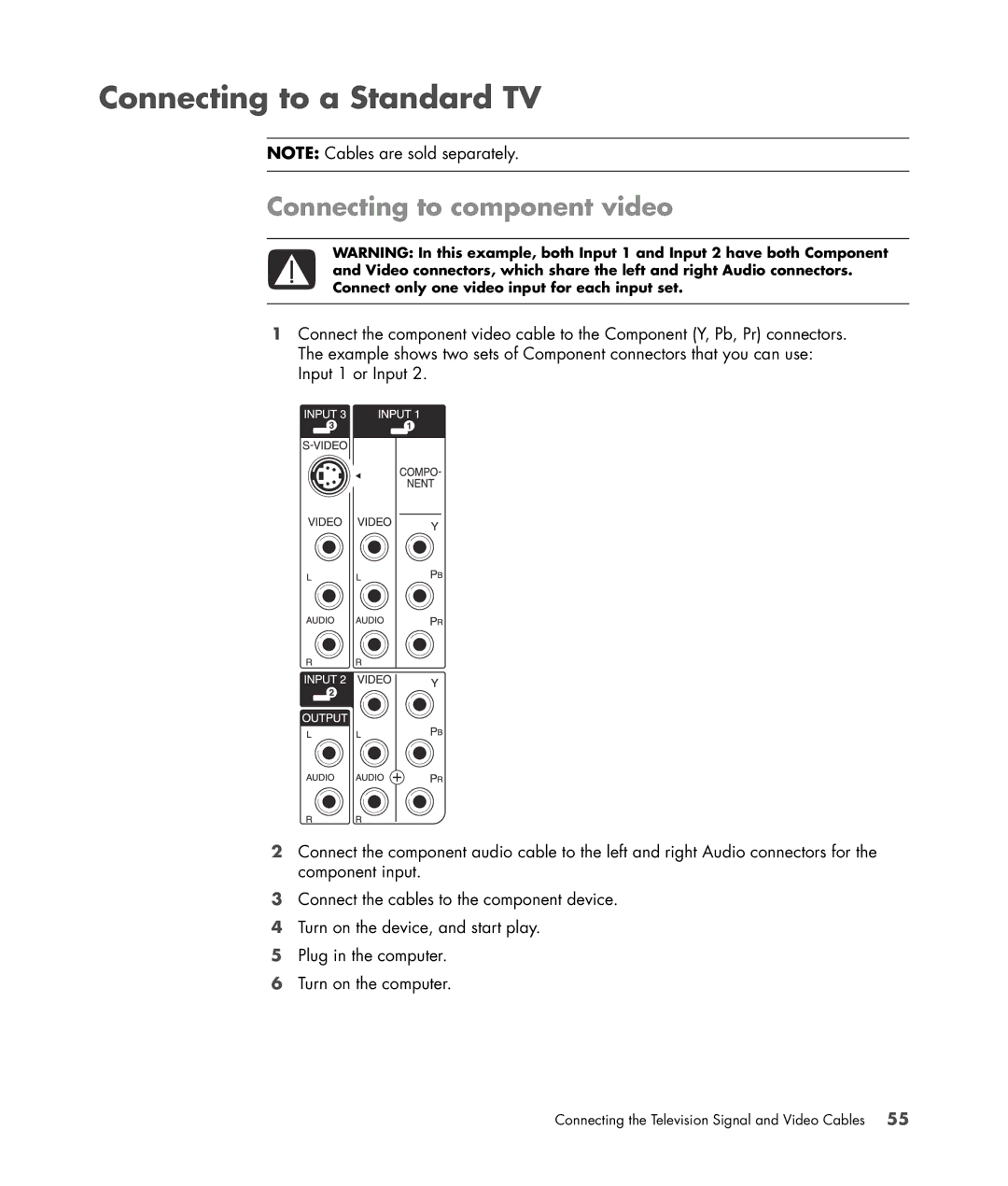 HP SR5413WM, SR5558D, SR5470AN, SR5450F, SR5448F, SR5421F, SR5559D Connecting to a Standard TV, Connecting to component video 