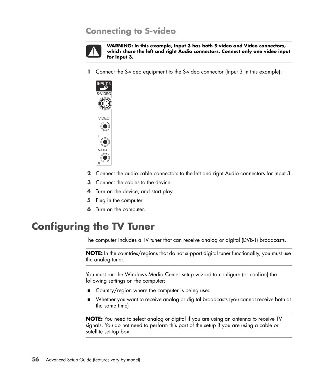 HP SR5410F, SR5558D, SR5470AN, SR5450F, SR5448F, SR5421F, SR5559D, SR5415CF manual Configuring the TV Tuner, Connecting to S-video 