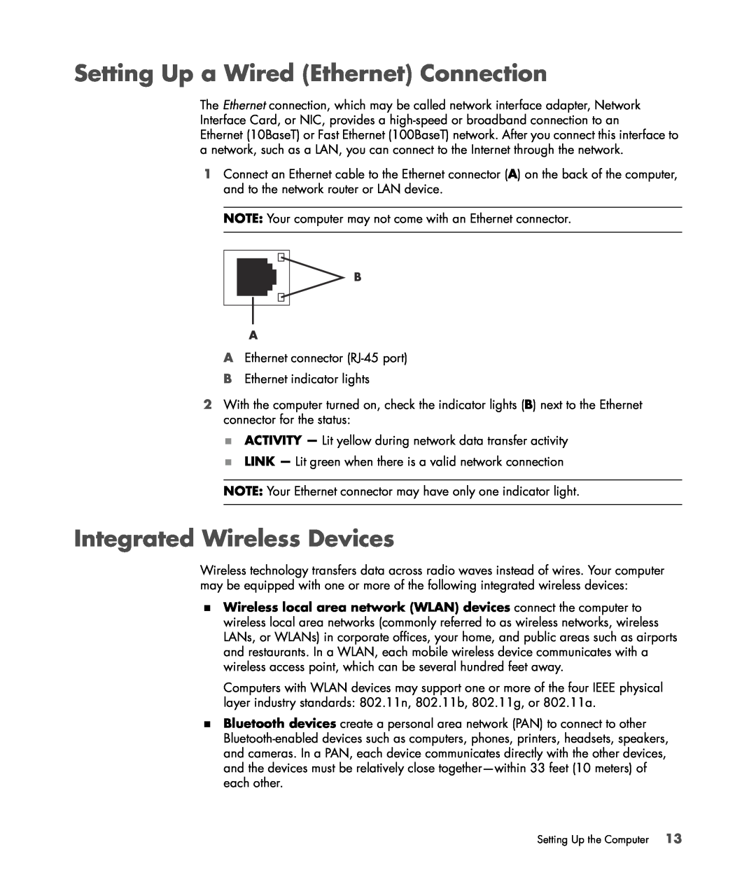 HP SR5470AN, SR5558D, SR5450F, SR5448F, SR5421F, SR5559D Setting Up a Wired Ethernet Connection, Integrated Wireless Devices 