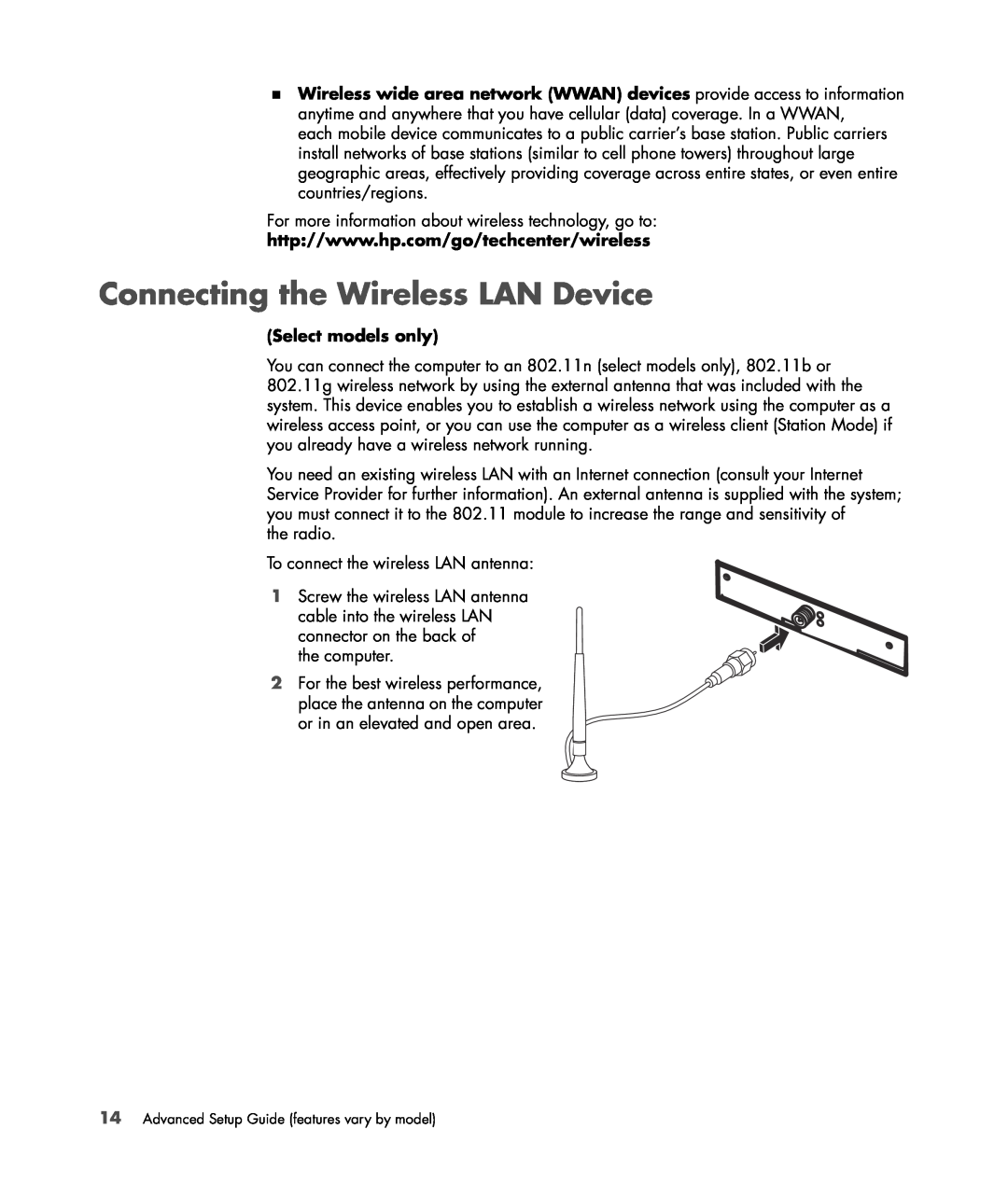 HP SR5450F, SR5558D, SR5470AN, SR5448F, SR5421F, SR5559D, SR5415CF manual Connecting the Wireless LAN Device, Select models only 