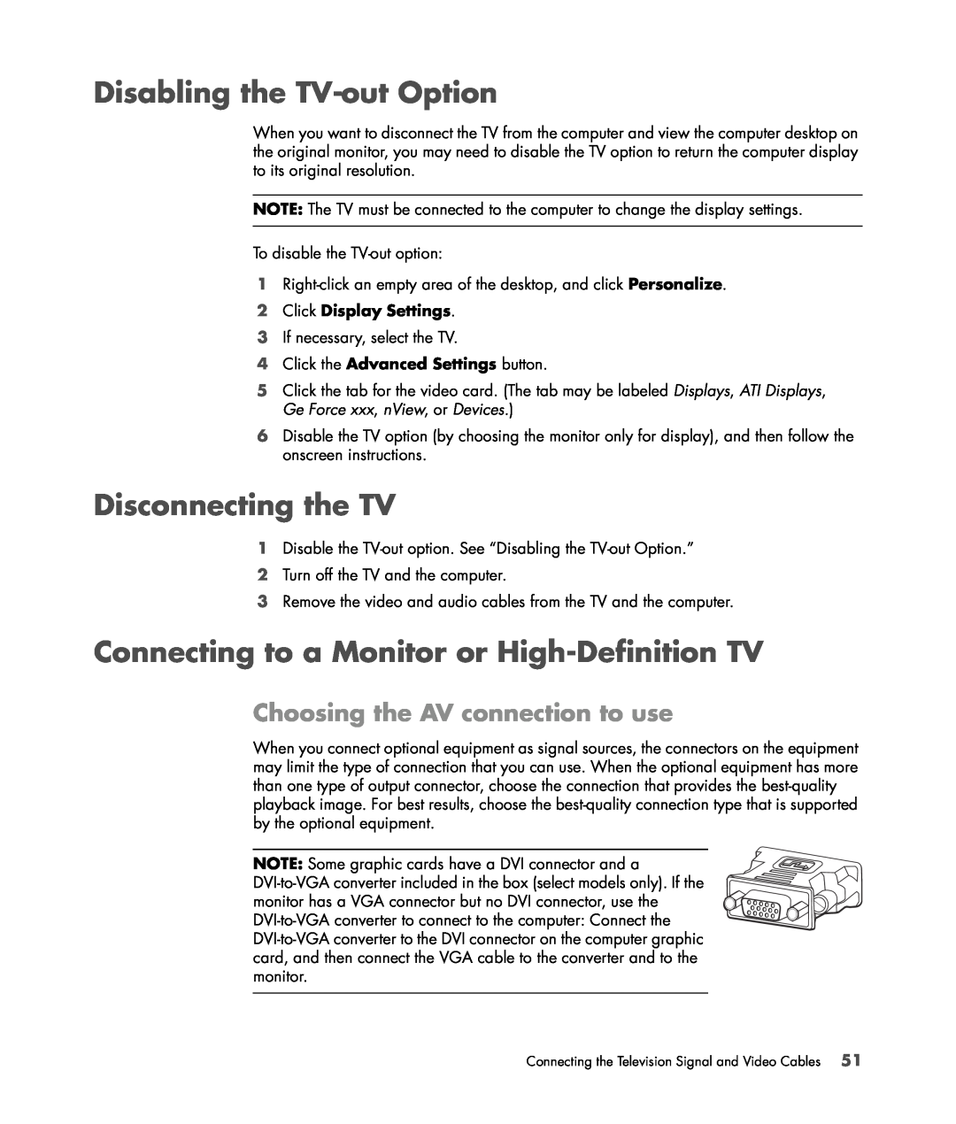 HP SR5448F, SR5558D manual Disabling the TV-out Option, Disconnecting the TV, Connecting to a Monitor or High-Definition TV 