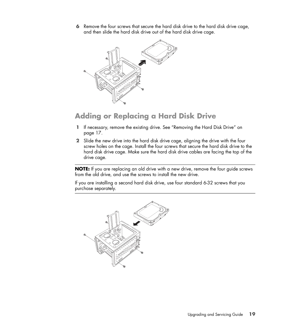 HP SR5648F, SR5558D, SR5548F, SR5518F, SR5518CF, SR5608F, SR5513CF, SR5501P, SR5507F manual Adding or Replacing a Hard Disk Drive 