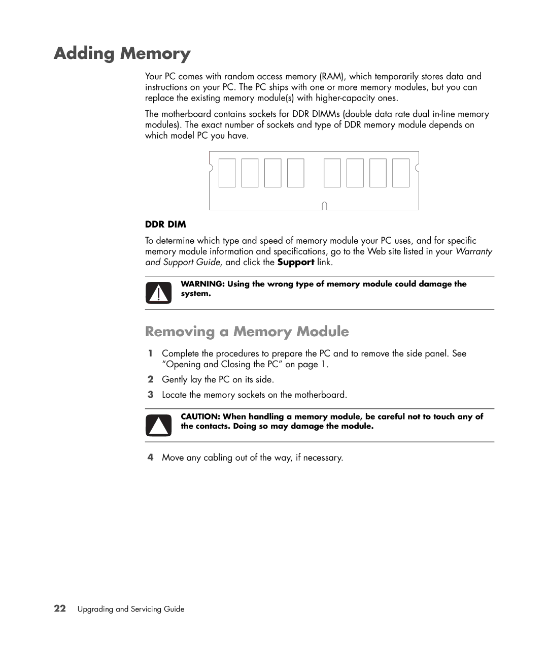 HP SR5616F, SR5558D, SR5548F, SR5518F, SR5518CF, SR5608F, SR5513CF, SR5501P, SR5507F manual Adding Memory, Removing a Memory Module 