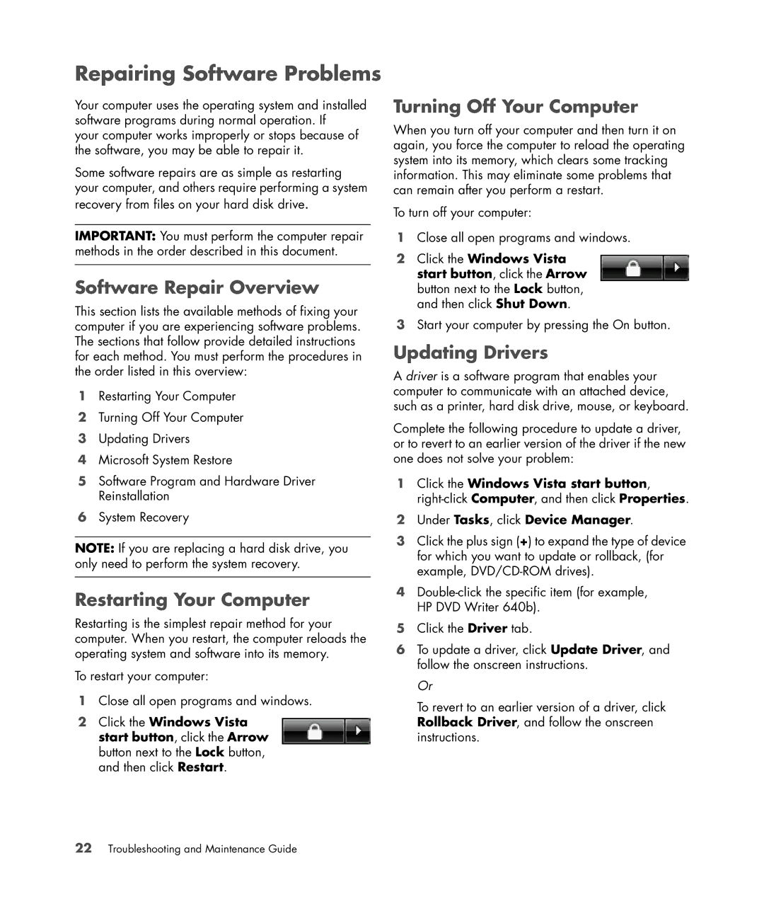 HP SR5410F, SR5558D manual Software Repair Overview, Restarting Your Computer, Turning Off Your Computer, Updating Drivers 
