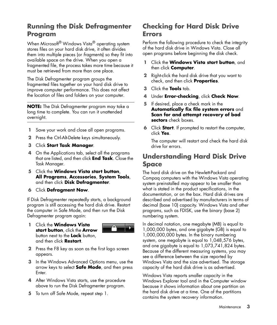 HP SR5505F Running the Disk Defragmenter Program, Checking for Hard Disk Drive Errors, Understanding Hard Disk Drive Space 
