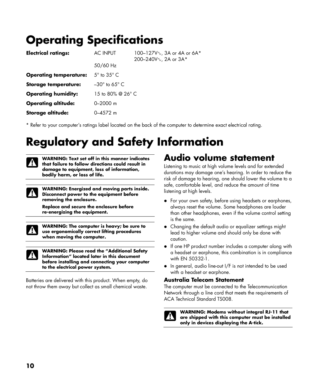 HP SR5511CF, SR5558D, SR5556AP, SR5512CF, SR5618CF, SR5615CF, SR5613CF, SR5559D manual Audio volume statement 