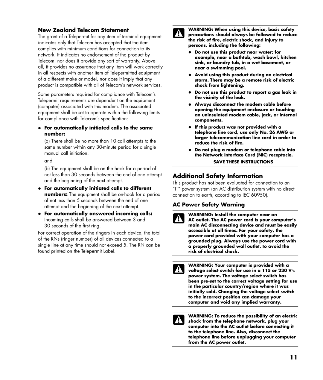 HP SR5512CF, SR5558D, SR5556AP, SR5511CF New Zealand Telecom Statement, For automatically initiated calls to the same number 