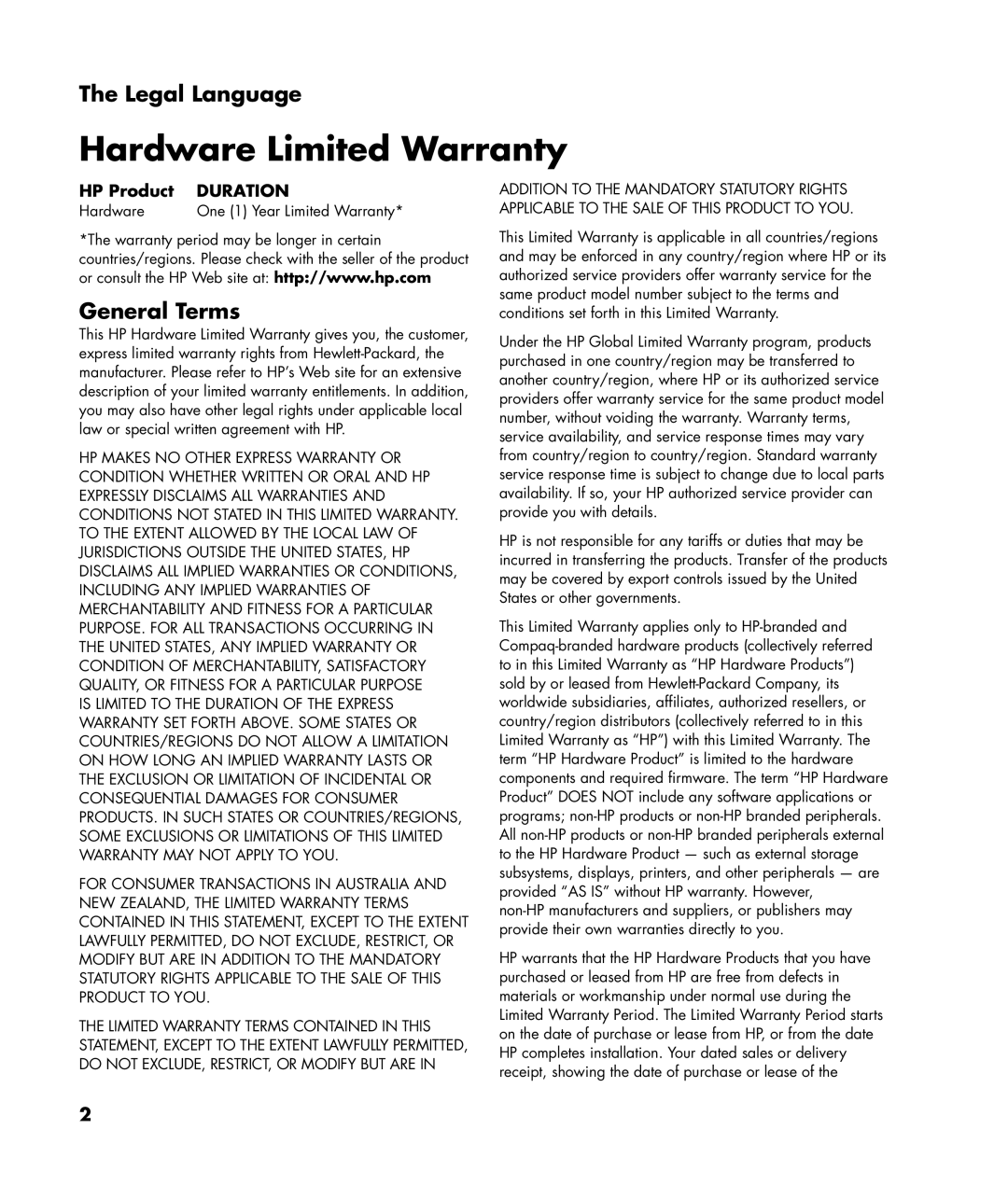 HP SR5511CF, SR5558D, SR5556AP, SR5512CF, SR5618CF, SR5615CF, SR5613CF, SR5559D manual Legal Language, General Terms, Hardware 