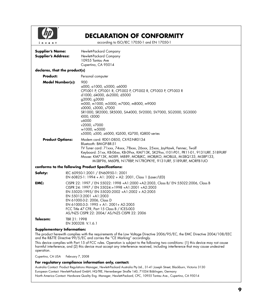 HP SR5556AP, SR5558D, SR5511CF, SR5512CF, SR5618CF, SR5615CF, SR5613CF, SR5559D manual Declaration of Conformity 