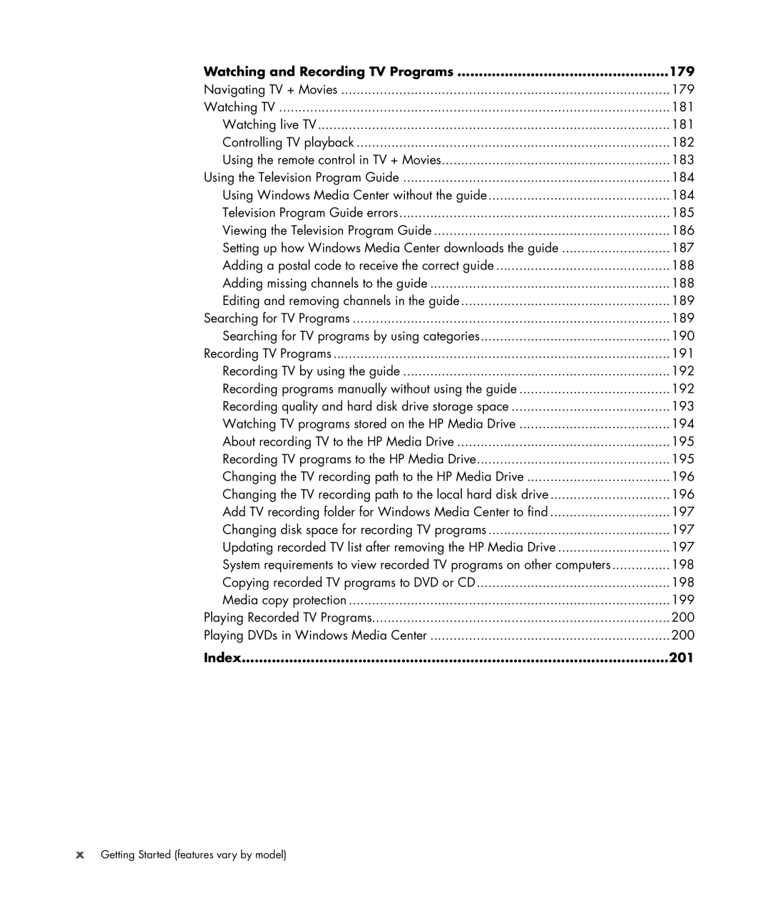 HP SR5558D, SR5618CF, SR5615CF, SR5613CF, SR5559D manual Watching and Recording TV Programs 179, Index 201 