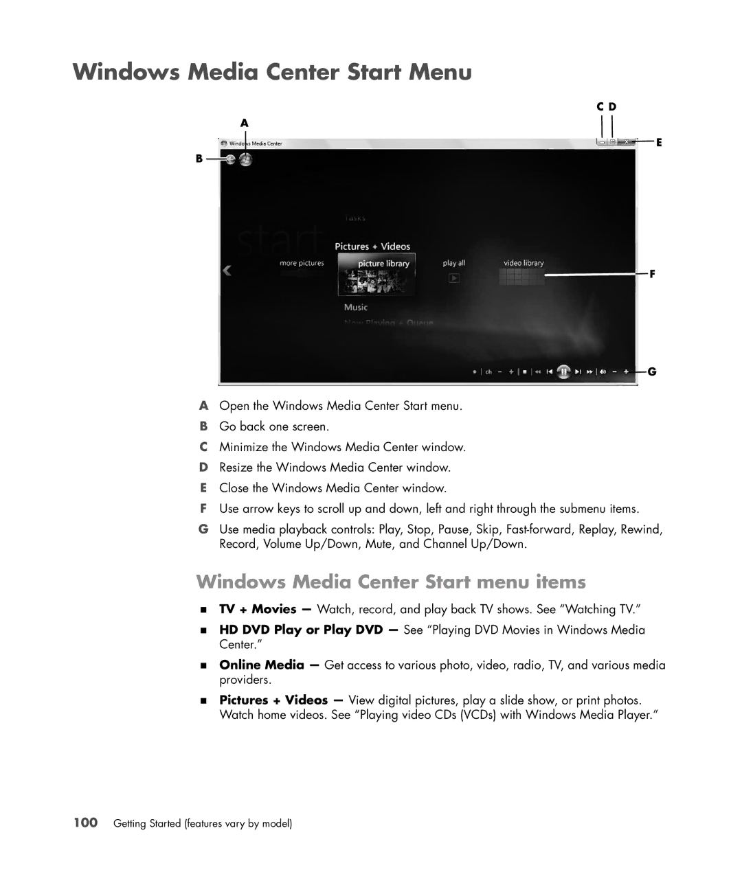 HP SR5558D, SR5618CF, SR5615CF, SR5613CF, SR5559D manual Windows Media Center Start Menu, Windows Media Center Start menu items 