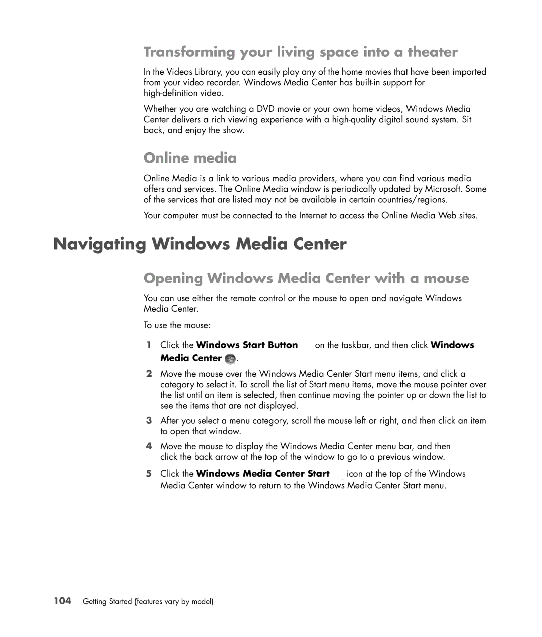 HP SR5559D, SR5558D, SR5618CF Navigating Windows Media Center, Transforming your living space into a theater, Online media 