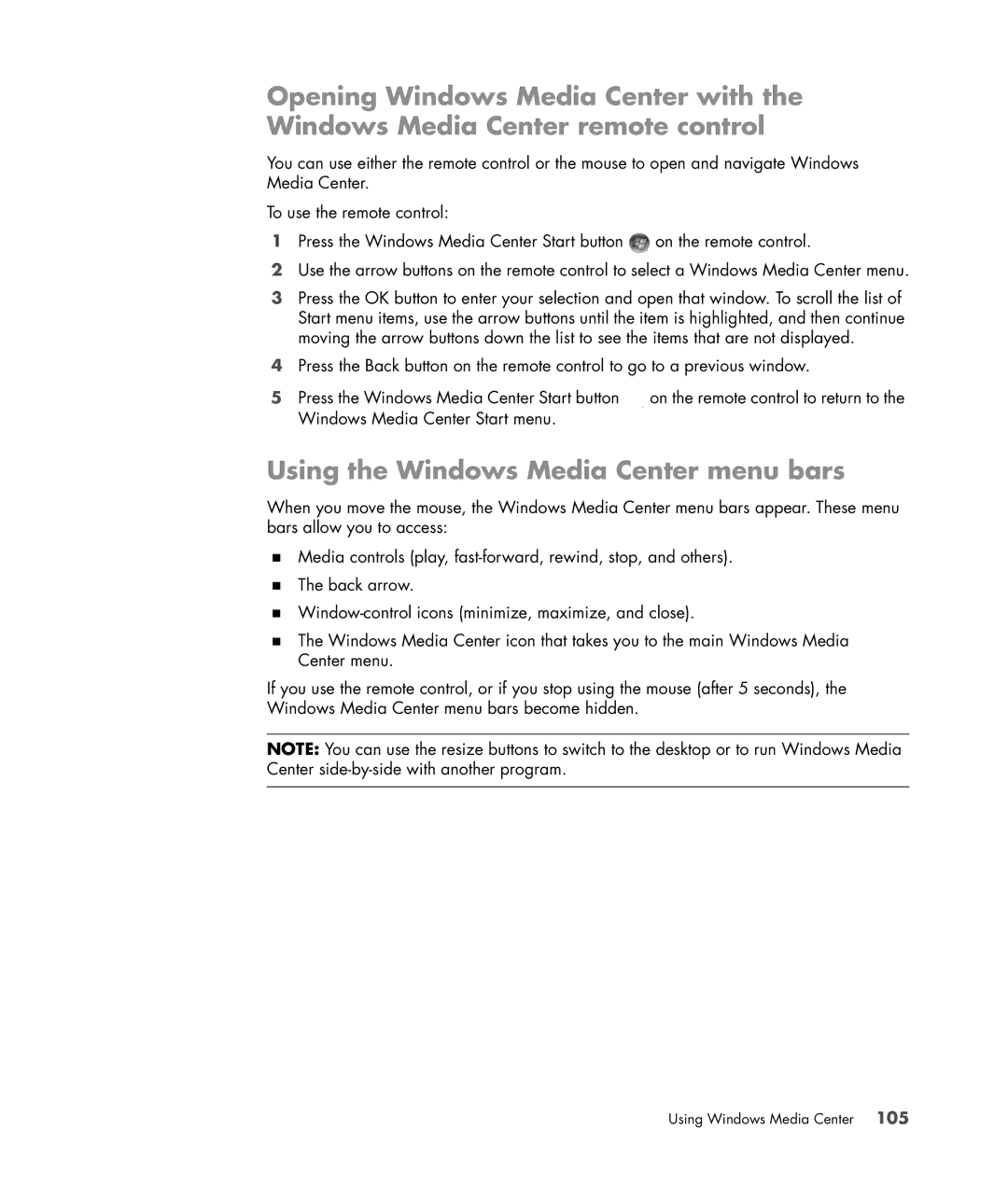 HP SR5558D, SR5618CF, SR5615CF, SR5613CF, SR5559D manual Using the Windows Media Center menu bars 