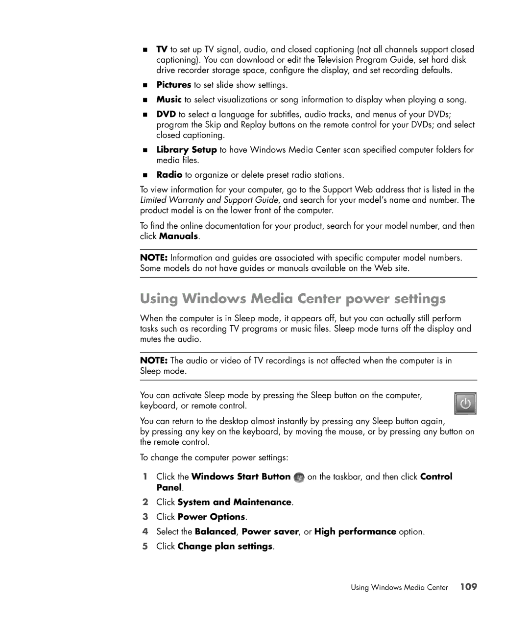 HP SR5559D, SR5558D, SR5618CF, SR5615CF, SR5613CF manual Using Windows Media Center power settings 