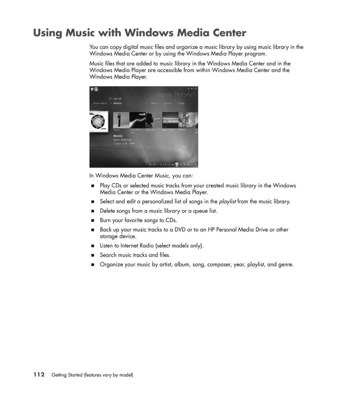 HP SR5615CF, SR5558D, SR5618CF, SR5613CF, SR5559D manual Using Music with Windows Media Center 