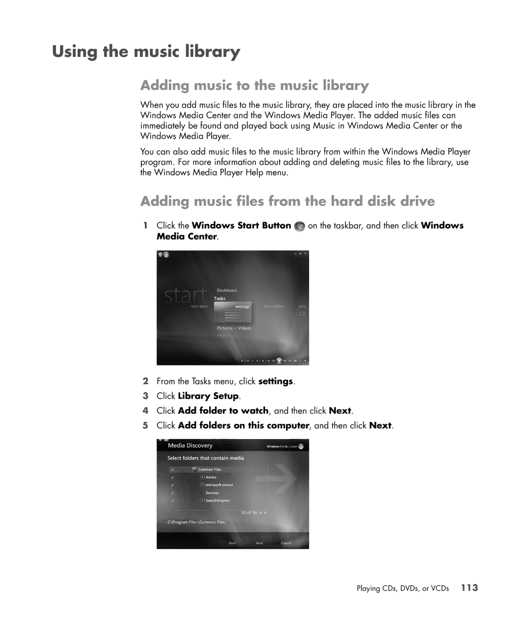 HP SR5613CF manual Using the music library, Adding music to the music library, Adding music files from the hard disk drive 