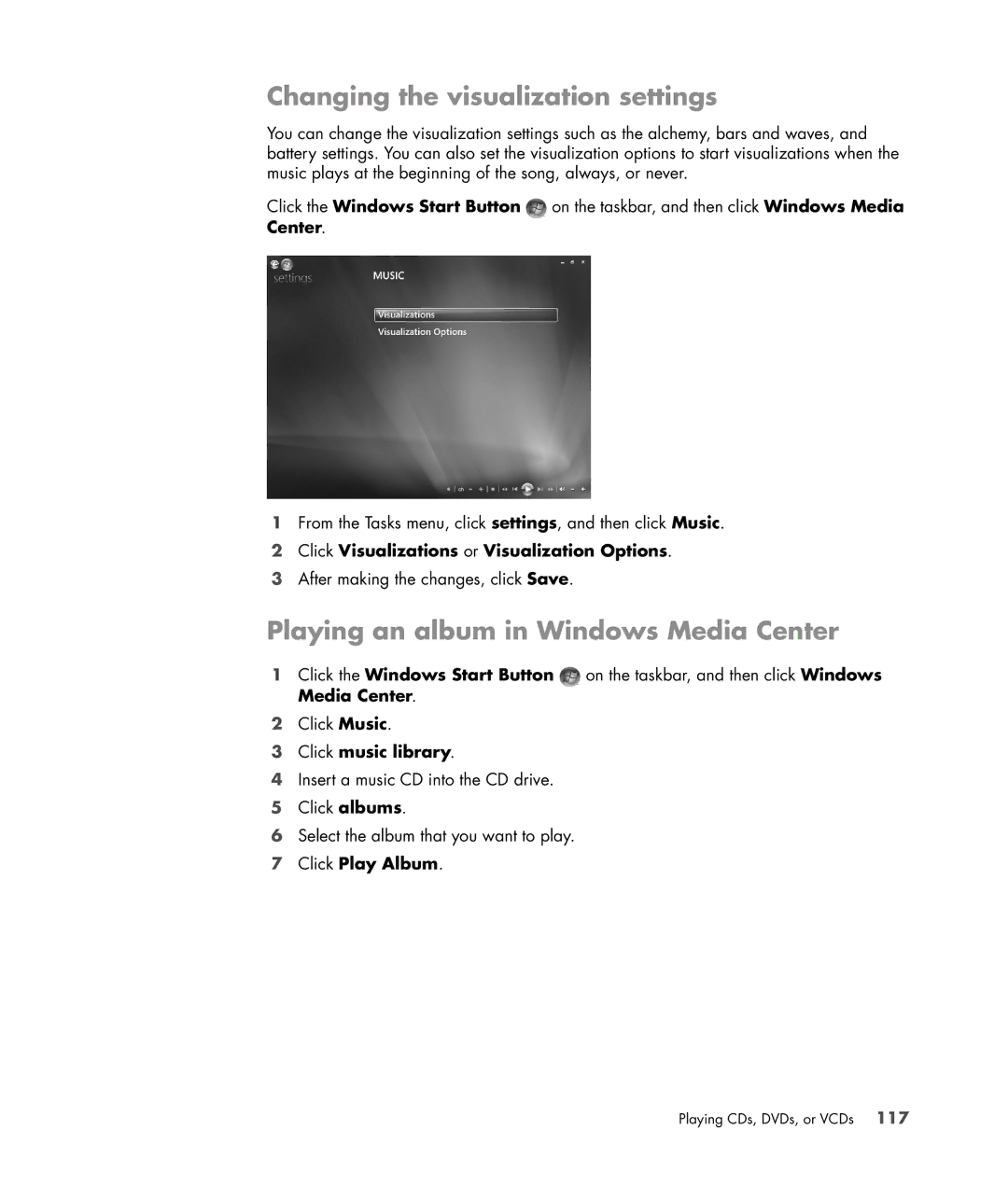 HP SR5615CF, SR5558D manual Changing the visualization settings, Playing an album in Windows Media Center, Click Play Album 