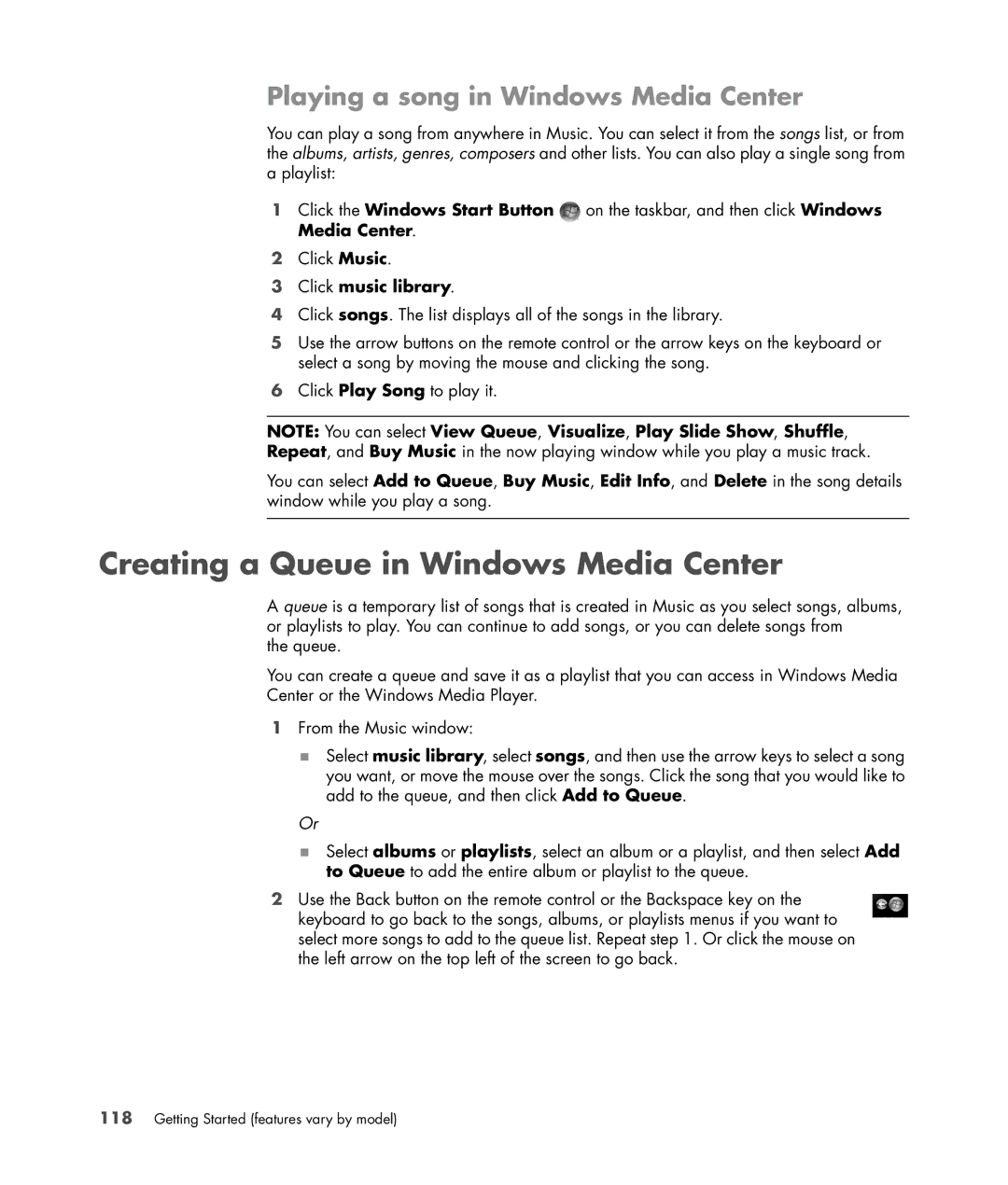 HP SR5613CF, SR5558D, SR5618CF, SR5615CF Creating a Queue in Windows Media Center, Playing a song in Windows Media Center 