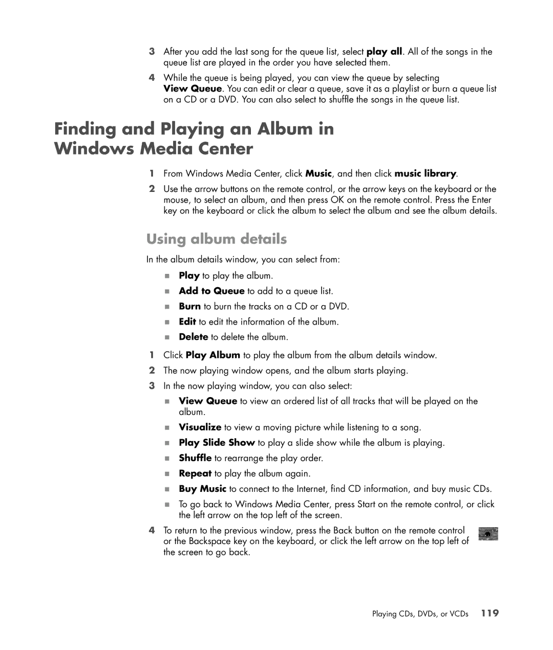 HP SR5559D, SR5558D, SR5618CF, SR5615CF, SR5613CF manual Finding and Playing an Album Windows Media Center, Using album details 