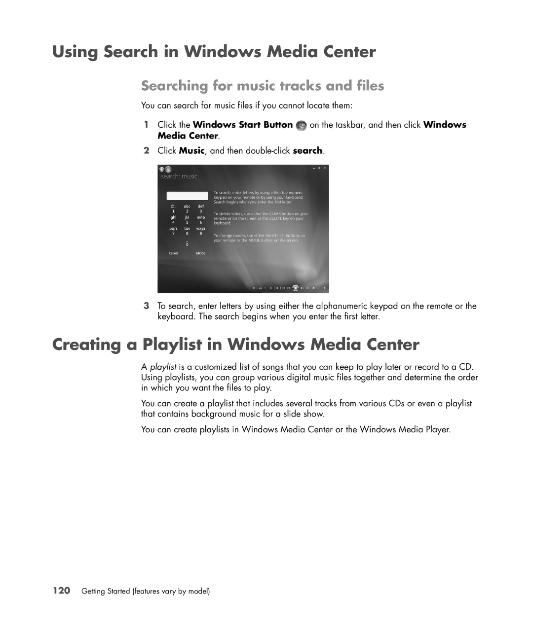 HP SR5558D, SR5618CF, SR5615CF, SR5613CF Using Search in Windows Media Center, Creating a Playlist in Windows Media Center 