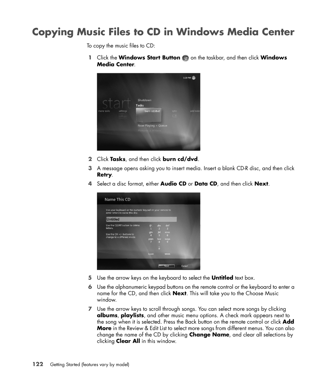 HP SR5615CF, SR5558D, SR5618CF, SR5613CF, SR5559D manual Copying Music Files to CD in Windows Media Center 