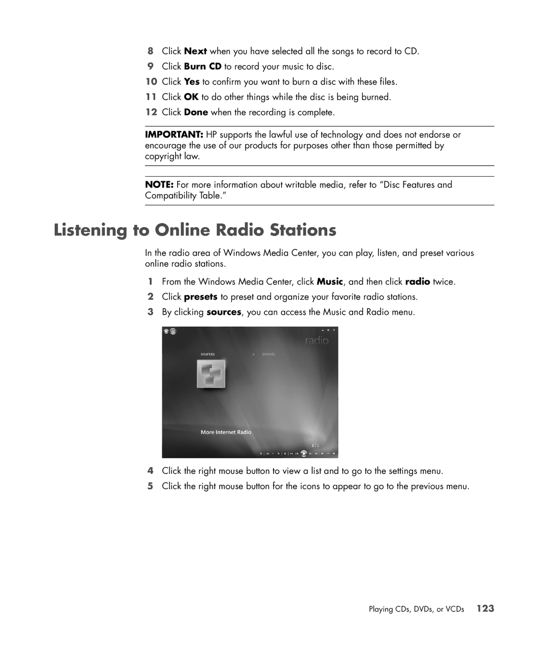 HP SR5613CF, SR5558D, SR5618CF, SR5615CF, SR5559D manual Listening to Online Radio Stations 