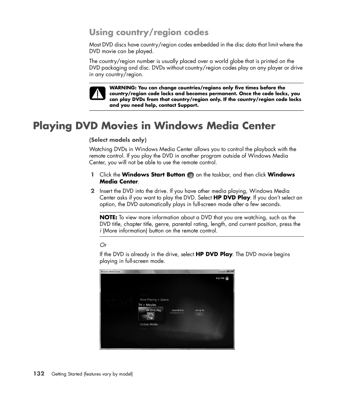 HP SR5615CF, SR5558D, SR5618CF, SR5613CF, SR5559D manual Playing DVD Movies in Windows Media Center, Using country/region codes 