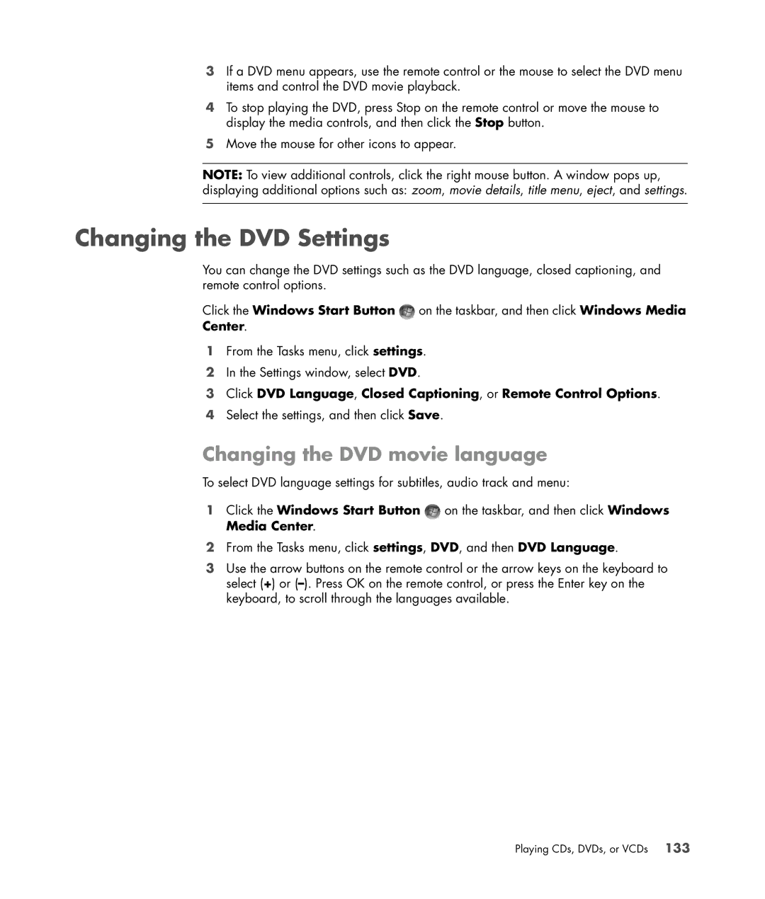 HP SR5613CF, SR5558D, SR5618CF, SR5615CF, SR5559D manual Changing the DVD Settings, Changing the DVD movie language 