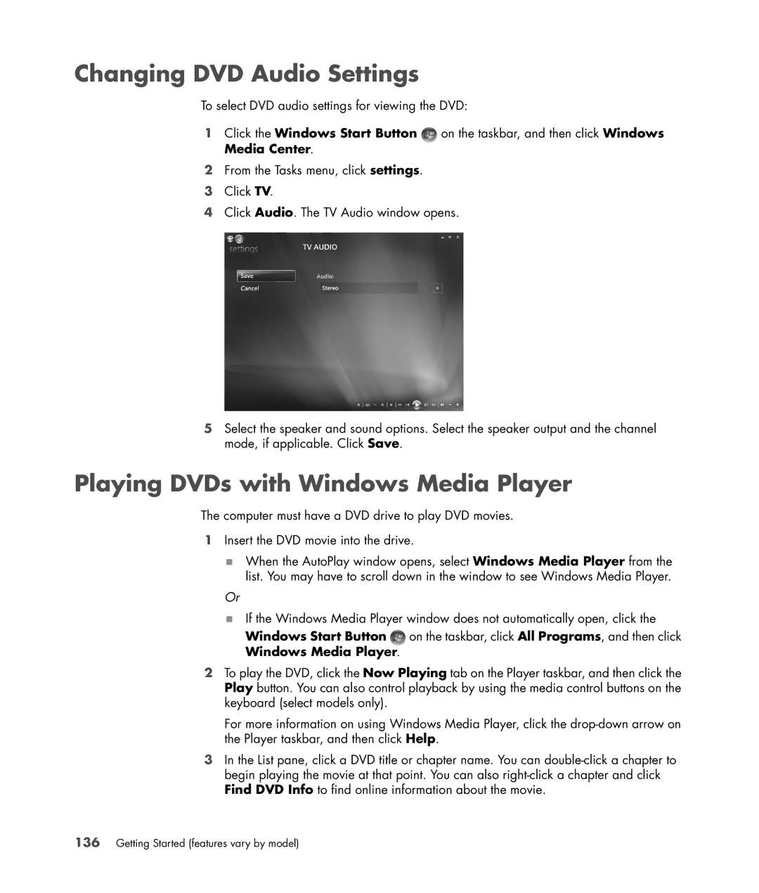 HP SR5618CF, SR5558D, SR5615CF, SR5613CF, SR5559D manual Changing DVD Audio Settings, Playing DVDs with Windows Media Player 