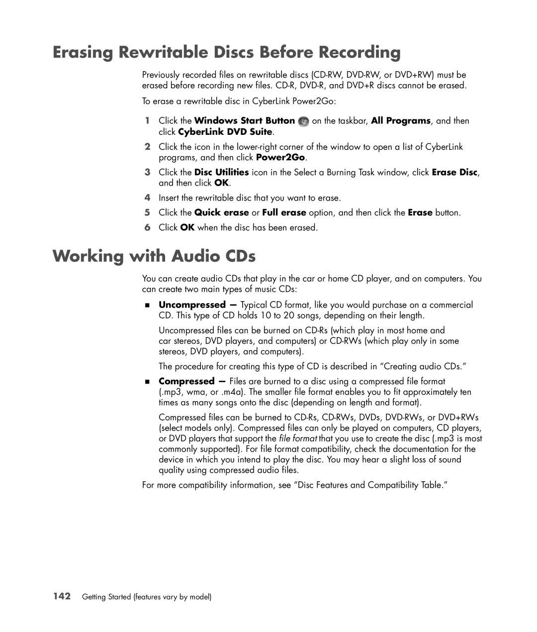 HP SR5615CF, SR5558D, SR5618CF, SR5613CF, SR5559D manual Erasing Rewritable Discs Before Recording, Working with Audio CDs 