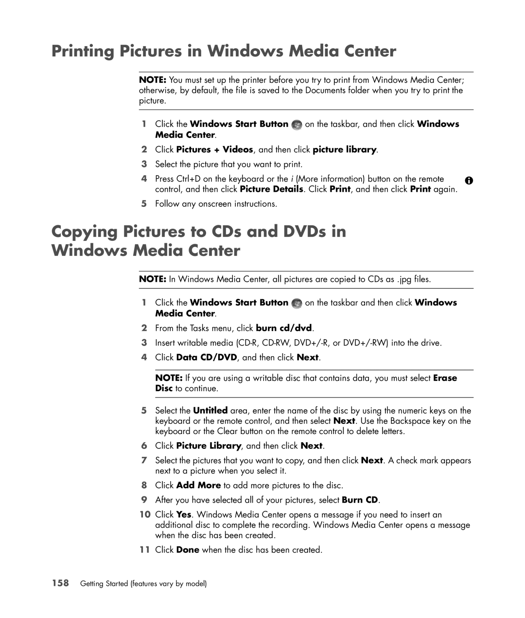 HP SR5613CF, SR5558D manual Printing Pictures in Windows Media Center, Copying Pictures to CDs and DVDs Windows Media Center 