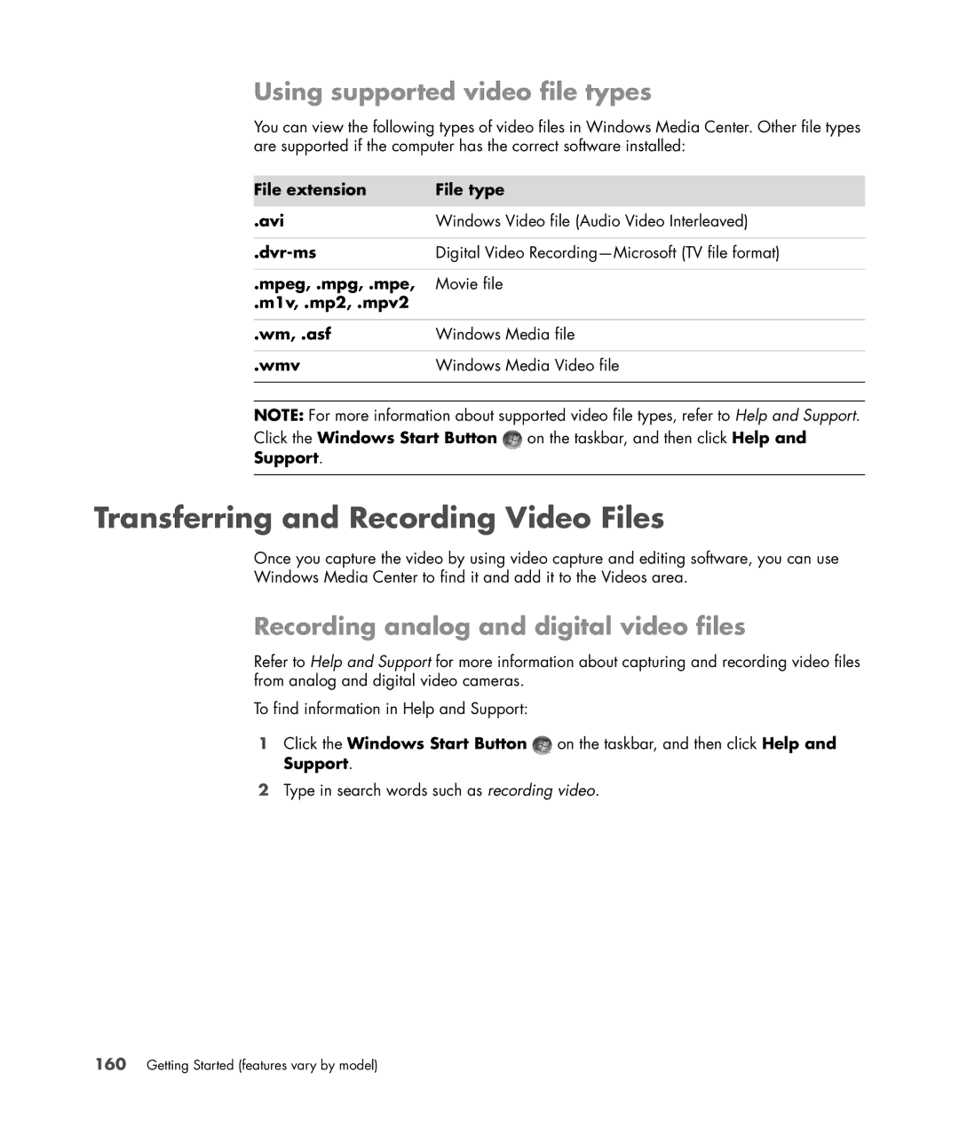 HP SR5558D, SR5618CF, SR5615CF, SR5613CF, SR5559D Transferring and Recording Video Files, Using supported video file types 