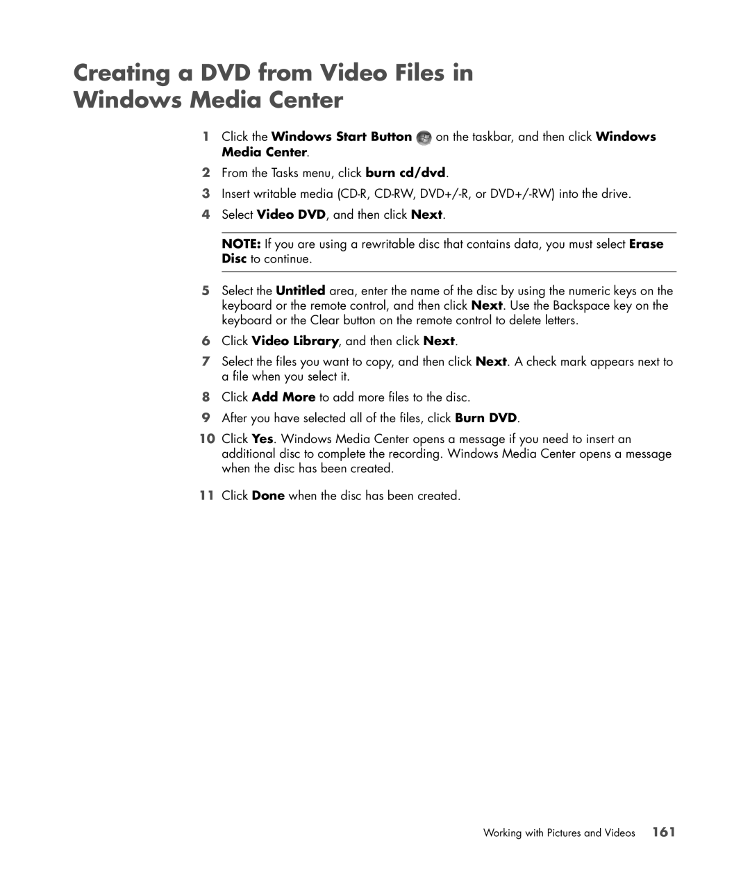 HP SR5618CF, SR5558D, SR5615CF, SR5613CF, SR5559D manual Creating a DVD from Video Files Windows Media Center 