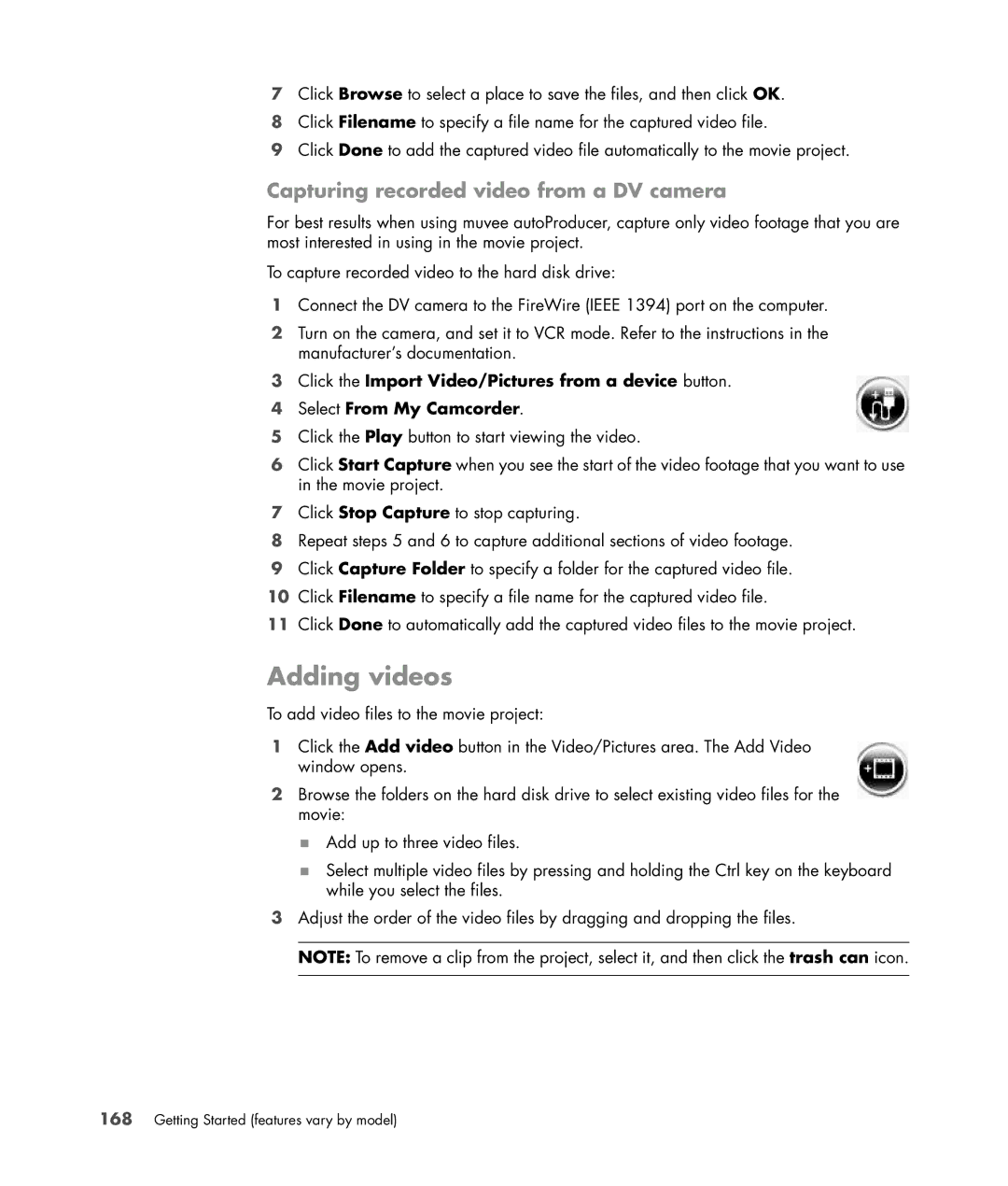 HP SR5613CF, SR5558D, SR5618CF, SR5615CF, SR5559D manual Adding videos, Capturing recorded video from a DV camera 