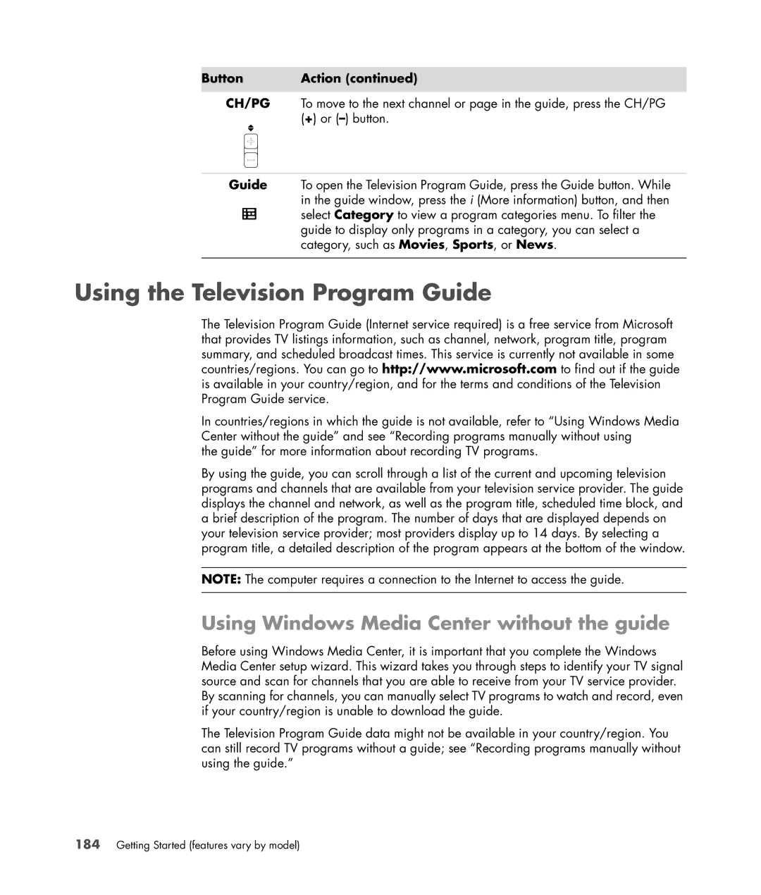 HP SR5559D, SR5558D, SR5618CF, SR5615CF Using the Television Program Guide, Using Windows Media Center without the guide 