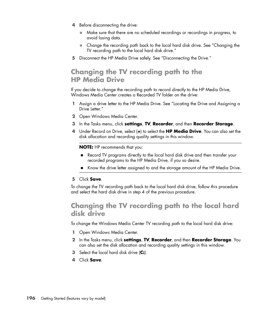 HP SR5618CF, SR5558D, SR5615CF, SR5613CF, SR5559D manual Changing the TV recording path to the HP Media Drive 