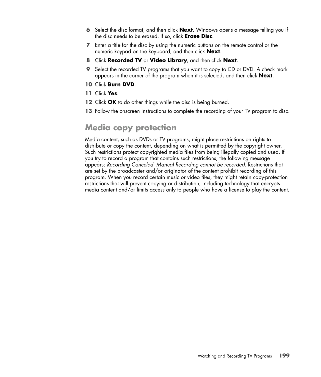 HP SR5559D, SR5558D manual Media copy protection, Click Recorded TV or Video Library, and then click Next, Click Burn DVD 