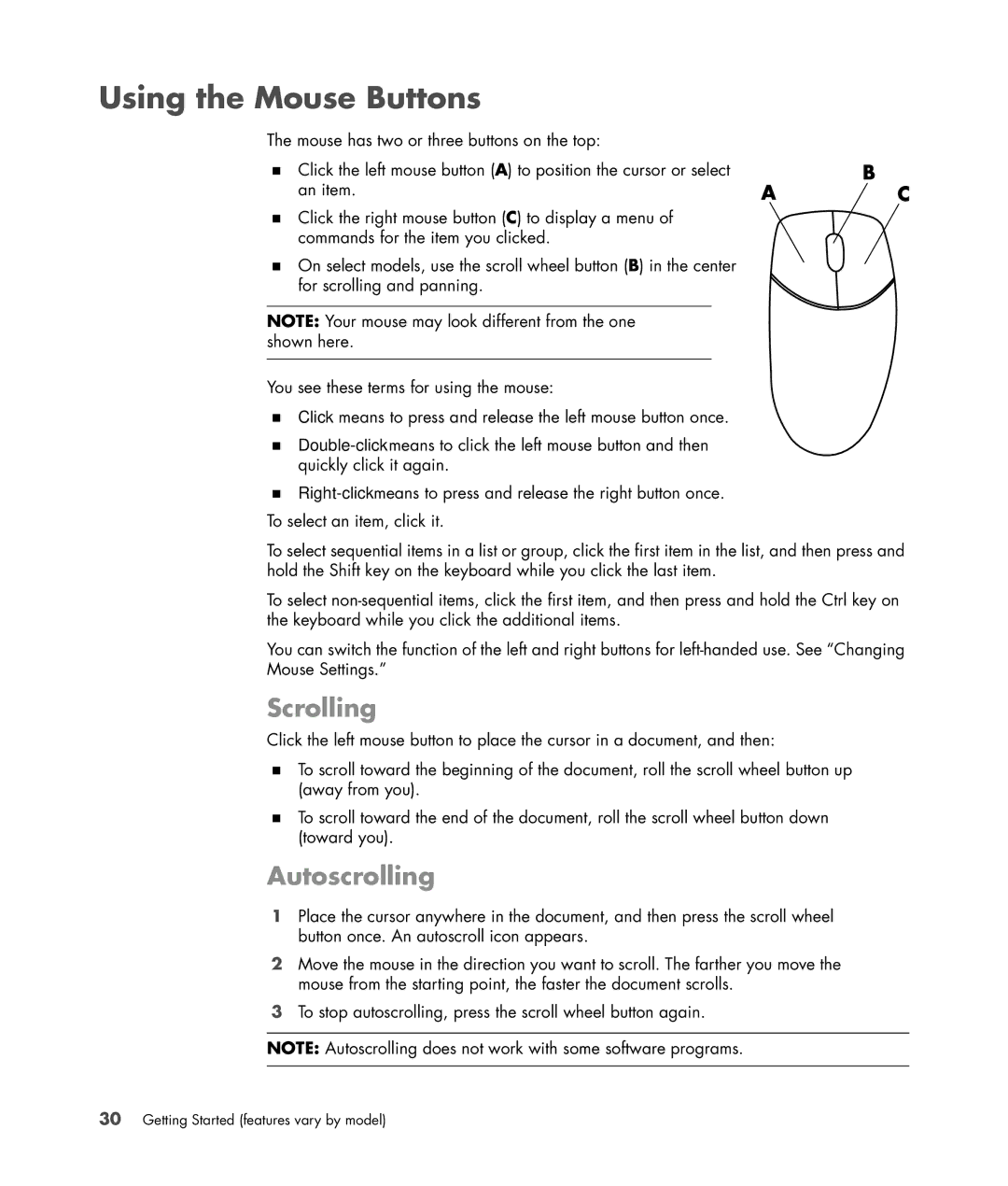 HP SR5558D, SR5618CF, SR5615CF, SR5613CF, SR5559D manual Using the Mouse Buttons, Scrolling, Autoscrolling 