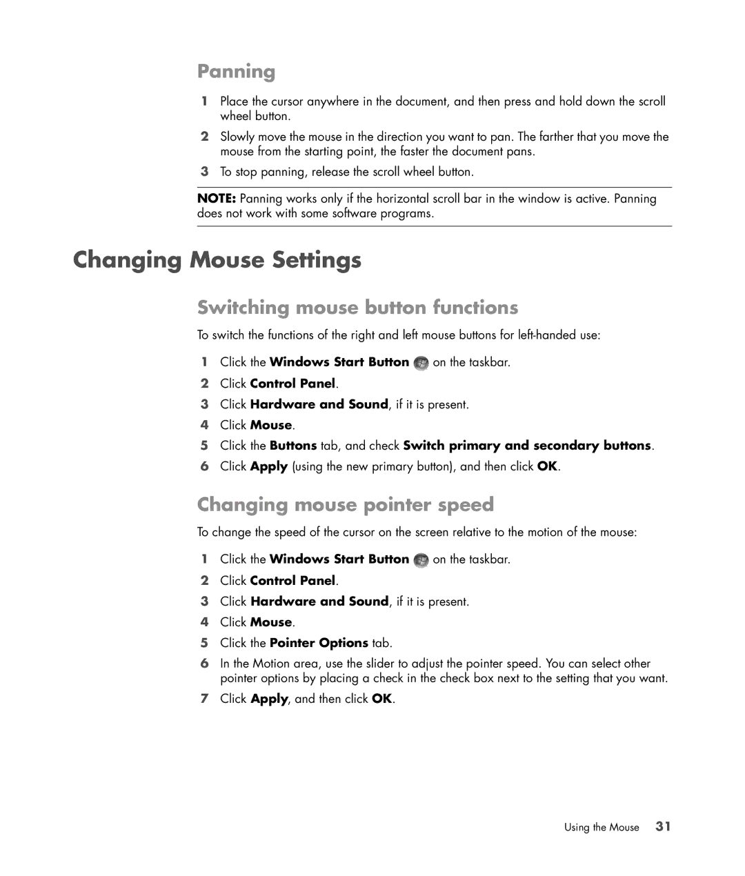 HP SR5618CF, SR5558D manual Changing Mouse Settings, Panning, Switching mouse button functions, Changing mouse pointer speed 