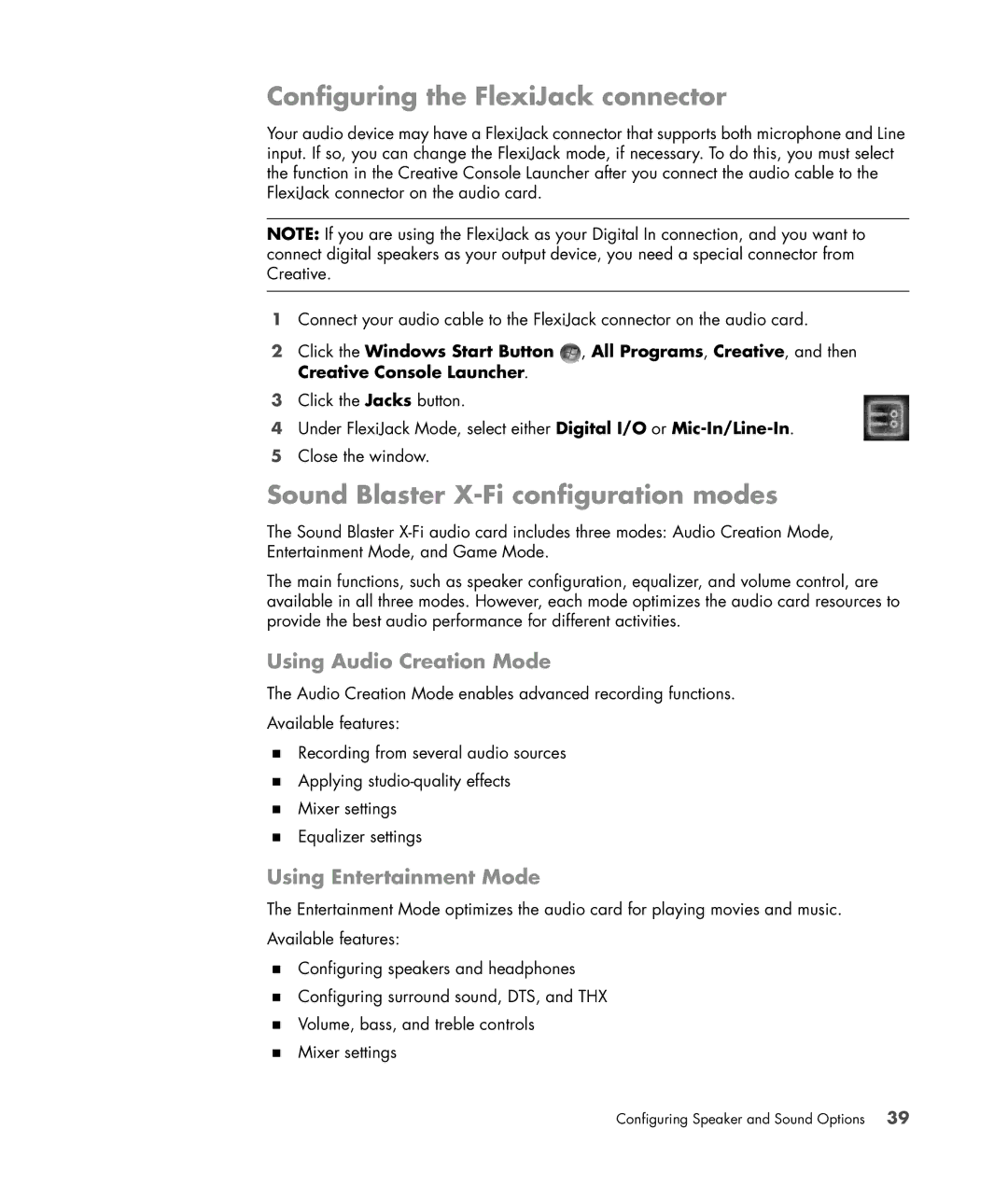 HP SR5559D, SR5558D Configuring the FlexiJack connector, Sound Blaster X-Fi configuration modes, Using Audio Creation Mode 